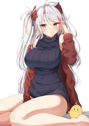 Rule 34 | 1girl, absurdres, azur lane, black sweater, blush, breasts, brown eyes, brown jacket, closed mouth, hair between eyes, hand up, headgear, highres, jacket, large breasts, long hair, long sleeves, looking at viewer, moyoron, multicolored hair, off shoulder, open clothes, open jacket, parted bangs, prinz eugen (azur lane), red hair, simple background, sitting, sleeveless, sleeveless sweater, sleeveless turtleneck, solo, streaked hair, sweater, turtleneck, turtleneck sweater, two side up, very long hair, white background, white hair