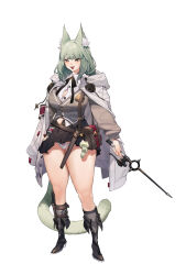 Rule 34 | 1girl, absurdres, animal ear fluff, animal ears, ankle holster, arknights, black footwear, black ribbon, black skirt, boots, breasts, buttons, cat ears, cat girl, cat tail, charm (object), cleavage, fang, green eyes, green hair, grey vest, harmonie (arknights), highres, holding, holding wand, jacket, jacket on shoulders, large breasts, long sleeves, neck ribbon, open mouth, panties, pantyshot, pleated skirt, ribbon, shirt, simple background, skirt, solo, standing, tachi-e, tail, thick thighs, thighs, underwear, upskirt, vest, wand, white background, white jacket, white panties, white shirt, yi shin jian