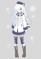 Rule 34 | 1girl, absurdres, arms at sides, blue eyes, blue hair, blue hat, blue skirt, blue thighhighs, blush, boots, brown footwear, coat, full body, fur-trimmed headwear, fur trim, garter straps, gloves, gradient hair, grey background, hair ornament, hair over one eye, hairclip, hat, highres, knee boots, long hair, long sleeves, miniskirt, multicolored hair, original, parted lips, pleated skirt, pom pom (clothes), print thighhighs, scarf, simple background, skirt, snow (gi66gotyo), snowflake print, snowflakes, solo, standing, straight hair, striped clothes, striped scarf, thighhighs, very long hair, white coat, white gloves, white hair, winter clothes, winter coat, zettai ryouiki