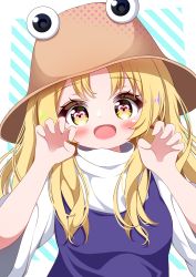 Rule 34 | 1girl, :d, blonde hair, blush, claw pose, diagonal stripes, g4ku, hat, heart, heart-shaped pupils, highres, long hair, looking at viewer, moriya suwako, open mouth, simple background, smile, solo, striped, symbol-shaped pupils, touhou, turtleneck, upper body, vest, white background, wide sleeves, yellow eyes