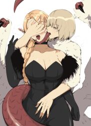 Rule 34 | 2girls, absurdres, black dress, blonde hair, body fur, breasts, chimera, covering another&#039;s eyes, dragon tail, dress, dungeon meshi, elf, evaleen d, falin touden, falin touden (chimera), feathered wings, feathers, fur dress, highres, large breasts, licking, long tongue, looking at viewer, marcille donato, marcille donato (lord), monster girl, multiple girls, open mouth, pointy ears, saliva, short hair, spoilers, tail, tail wrap, talons, tongue, tongue out, white feathers, wings, yellow eyes, yuri