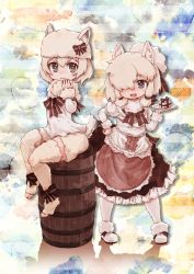 Rule 34 | 10s, 2girls, :3, alpaca ears, alpaca huacaya (kemono friends), alpaca suri (kemono friends), alpaca tail, alternate costume, animal ears, barefoot, barrel, bow, fluffy legwear, fur collar, fur trim, gift, hair over one eye, hand on own hip, hat, hat bow, heart, heart-shaped pupils, highres, kemono friends, kolshica, maid, multiple girls, muted color, neck ribbon, open mouth, ribbon, short hair, shorts, symbol-shaped pupils, tail, thighhighs, tray