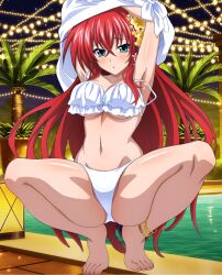 Rule 34 | 1girl, absurdres, armpits, arms behind head, bikini, blue eyes, breasts, cleavage, clothes lift, feet, high school dxd, highres, large breasts, legs, lifting own clothes, long hair, looking at viewer, navel, official art, red hair, rias gremory, shirt, shirt lift, solo, spread legs, squatting, swimsuit, thighs