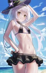Rule 34 | 1girl, a-rian, absurdres, beach, bikini, bikini skirt, black bikini, black hat, black skirt, blue sky, blunt bangs, blush, breasts, chain, cloud, commentary, grey hair, hat, head chain, highres, hololive, jewelry, long hair, looking at viewer, murasaki shion, murasaki shion (hololive summer 2019), navel, ocean, sand, skirt, sky, small breasts, smile, solo, swimsuit, tilted headwear, virtual youtuber, water, witch hat, yellow eyes