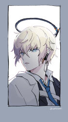 Rule 34 | 1boy, arknights, black jacket, blonde hair, blue eyes, blue necktie, border, commentary request, crossed bangs, earpiece, executor (arknights), executor (titleless code) (arknights), frown, grey background, halo, highres, jacket, looking at viewer, male focus, multicolored clothes, multicolored jacket, necktie, parted lips, shirt, short hair, sketch, solo, soppos, twitter username, two-tone jacket, white background, white jacket, white shirt