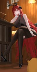 Rule 34 | 1girl, absurdres, animal ears, azur lane, bare shoulders, black footwear, black leotard, black pantyhose, blush, breasts, ceiling light, chair, cleavage, collar, couch, crossed legs, detached collar, fake animal ears, hair ornament, hand on own cheek, hand on own face, head rest, high heels, highres, hindenburg (azur lane), hindenburg (delirious duel) (azur lane), horns, huge breasts, indoors, lamp, large breasts, legs, leotard, long hair, looking at viewer, manjuu (azur lane), mole, open mouth, pantyhose, parted lips, playboy bunny, rabbit ears, red eyes, red hair, shoe dangle, shoes, single shoe, sitting, solo, strapless, strapless leotard, table, thighs, torn clothes, torn pantyhose, user vzzn2855, very long hair, wrist cuffs