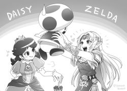 Rule 34 | 1boy, 2girls, bracer, character name, earrings, flower earrings, greyscale, hand on own hip, happy, heart, jewelry, long hair, looking at another, mario (series), monochrome, multiple girls, musical note, nintendo, open mouth, parasol, picking up, pointy ears, princess daisy, princess zelda, sayoyonsayoyo, short sleeves, sixteenth note, smile, super mario land, super smash bros., sweatdrop, the legend of zelda, the legend of zelda: a link between worlds, toad (mario), twitter username, umbrella, vest