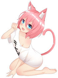 Rule 34 | 1girl, :d, animal ear fluff, animal ears, arm up, bare legs, barefoot, blue eyes, blush, breasts, cat ears, cat girl, cat tail, cleavage, clothes writing, commentary request, fang, feet, fingernails, hair between eyes, hand up, highres, legs, lenxiao, off shoulder, open mouth, original, paw pose, pink hair, shirt, short sleeves, simple background, sitting, small breasts, smile, soles, solo, tail, tail raised, translation request, wariza, white background, white shirt, wide sleeves