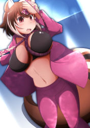 Rule 34 | 1girl, animal ears, bikini, bikini top only, blazblue, breasts, brown hair, highres, large breasts, makoto nanaya, mirano, necktie, open clothes, open shirt, pants, short hair, squirrel ears, squirrel tail, swimsuit, tail, white hair