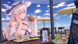 Rule 34 | 1girl, 1other, absurdres, arknights, bare shoulders, beach umbrella, black coat, blue bow, blue sky, blush, bow, breasts, burger, chair, cleavage, closed eyes, closed mouth, coat, dating, day, doctor (arknights), eating, english text, food, hasegawamorito, hat, hat bow, highres, holding, holding food, horns, horns through headwear, kal&#039;tsit (arknights), large breasts, long hair, outdoors, pointy ears, salad, shawl, shining (arknights), shirt, silver hair, sky, sleeveless, sleeveless shirt, smile, solo focus, sun hat, table, umbrella, upper body, very long hair, white headwear, white shirt
