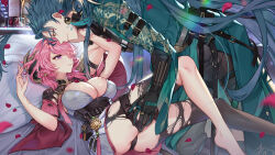 Rule 34 | 1boy, 1girl, belt, breasts, chinese text, clothes, dragon claw, earrings, green hair, hand on another&#039;s thigh, highres, jewelry, jiyan (wuthering waves), medium breasts, multiple belts, orange sekaii, petals, pink eyes, pink hair, rose petals, seductive smile, smile, taoqi (wuthering waves), tassel, tassel earrings, thigh belt, thigh strap, torn clothes, wuthering waves