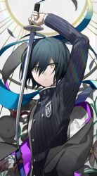 Rule 34 | 1boy, ahoge, baseball cap, black jacket, blue hair, blue necktie, buttons, cage, closed mouth, coat, coattails, collared coat, collared jacket, commentary, danganronpa (series), danganronpa v3: killing harmony, double-breasted, eyelashes, flower, grey coat, grey hat, hair between eyes, hat, hat loss, high collar, highres, holding, holding sword, holding weapon, huyuharu0214, jacket, katana, layered sleeves, light frown, long sleeves, looking at viewer, male focus, necktie, pink flower, pinstripe jacket, pinstripe pattern, pocket, saihara shuichi, sheath, solo, striped necktie, sword, undone necktie, unsheathing, unworn coat, unworn jacket, upper body, weapon, white background, white jacket, yellow eyes