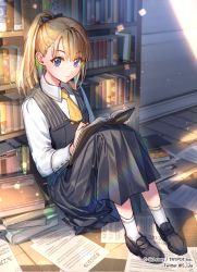Rule 34 | 1girl, black bow, black dress, black footwear, blonde hair, blue eyes, book, book stack, bookshelf, bow, character request, closed mouth, collared shirt, commentary request, copyright name, day, dress, full body, hair bow, holding, holding pen, indoors, knees up, lens flare, loafers, long hair, long sleeves, looking at viewer, necktie, official art, on floor, open book, paper, pen, pinafore dress, ponytail, shirt, shoes, sid story, sila (carpen), sitting, sleeveless dress, smile, socks, solo, sunlight, twitter username, white shirt, white socks, wing collar, wooden floor, writing, yellow necktie