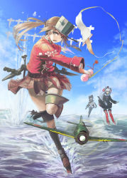Rule 34 | 10s, 3girls, aircraft, airplane, amatsukaze (kancolle), blurry, breasts, brown dress, brown eyes, brown hair, clothes lift, commentary request, depth of field, dress, full body, garter straps, gloves, hair tubes, highres, japanese clothes, kantai collection, kariginu, leg up, long hair, looking at viewer, magatama, miniskirt, multiple girls, nito (nshtntr), ocean, perspective, pleated skirt, red legwear, ripples, ryuujou (kancolle), sailor dress, scroll, serious, shikigami, short dress, short hair, silver hair, single glove, skirt, skirt lift, small breasts, standing, standing on liquid, standing on one leg, thighhighs, tokitsukaze (kancolle), twintails, two side up, visor cap, water, wind, wind lift