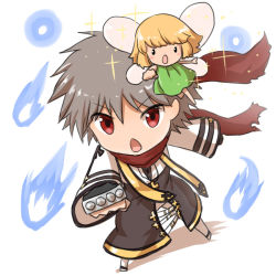 Rule 34 | 1boy, 1girl, arch bishop (ragnarok online), black coat, black footwear, black gloves, blonde hair, brown hair, chibi, coat, commentary request, cropped jacket, cross, cross necklace, dress, fairy, fairy wings, fingerless gloves, full body, gloves, green dress, jacket, jewelry, long sleeves, looking at viewer, natsuya (kuttuki), necklace, open mouth, pants, ragnarok online, red eyes, red scarf, scarf, shoes, short hair, simple background, sleeveless, sleeveless dress, sparkle, spiked knuckles, torn clothes, torn scarf, two-tone footwear, white background, white footwear, white jacket, white pants, wings