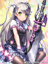 Rule 34 | 1girl, blush, character request, checkered clothes, checkered skirt, esphy, frown, gloves, green eyes, grey gloves, grey hair, heart, holding, holding weapon, junketsu duelion, long hair, pantyhose, puffy sleeves, shirt, short sleeves, skirt, solo, sword, two side up, weapon, white shirt