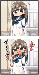 Rule 34 | 1girl, 2koma, blue bow, blue eyes, blue sailor collar, blush, bow, brown hair, closed mouth, comic, commentary request, curtains, desk, dress, hair between eyes, heart, indoors, kanikama, long hair, long tongue, nose blush, open mouth, original, puffy short sleeves, puffy sleeves, sailor collar, sailor dress, saliva, school desk, school uniform, short sleeves, silent comic, smile, tongue, tongue out, white dress, window