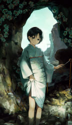 Rule 34 | 1girl, absurdres, black eyes, black hair, cave, cave interior, cliff, closed mouth, day, eyebrows hidden by hair, highres, holding, japanese clothes, kimono, kotatiyu, long sleeves, looking at viewer, obi, original, outdoors, sash, short hair, skirt hold, sky, smile, soaking feet, solo, standing, wading, water, wide sleeves, yukata