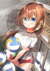 Rule 34 | 1girl, ball, blue bra, blue eyes, blush, bra, breast press, breasts, brown hair, buruma, cleavage, gym storeroom, gym uniform, indoors, long hair, looking at viewer, open mouth, original, ponytail, red buruma, see-through, shirt, short sleeves, smile, solo, sweat, to kifa, underwear, volleyball, volleyball (object), wet, wet clothes, wet shirt, white shirt