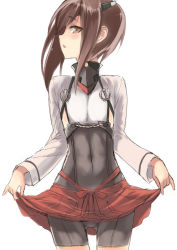 Rule 34 | 10s, 1girl, bike shorts, black legwear, blush, brown eyes, brown hair, clothes lift, covered navel, cowboy shot, flat chest, headgear, kantai collection, long sleeves, looking at viewer, microskirt, open mouth, pleated skirt, profile, sensen, short hair, sideways glance, simple background, sketch, skirt, skirt lift, solo, taihou (kancolle), white background