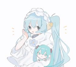 Rule 34 | 2girls, :3, alternate costume, asymmetrical sleeves, blue eyes, blue flower, blue hair, blush, capelet, carrying, carrying person, chibi, commentary request, dress, dual persona, flower, frilled capelet, frilled hairband, frills, hairband, hand up, hatsune miku, highres, long hair, long sleeves, looking at viewer, multiple girls, neck flower, oyuki. (yukiiii saka), simple background, smile, twintails, uneven sleeves, upper body, very long hair, vocaloid, white background, white capelet, white dress