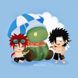 Rule 34 | 2boys, alternate costume, beach umbrella, black hair, black headwear, black male swimwear, blue background, chibi, closed eyes, cloud, commentary request, cross scar, crossed legs, facial mark, final fantasy, final fantasy vii, final fantasy vii ever crisis, food, fruit, goggles, goggles on head, green eyes, hand on own hip, happy, headband, highres, holding, holding food, holding stick, long hair, low ponytail, male focus, male swimwear, multiple boys, no shoes, official alternate costume, one eye closed, open mouth, over shoulder, ponytail, red hair, reno (ff7), scar, scar on face, short hair, signature, simple background, sitting, smile, spiked hair, standing, stick, summer, swim trunks, swimsuit, tomoberry, tonberry, tongue, tongue out, topless male, umbrella, watermelon, watermelon seeds, watermelon slice, weapon, weapon over shoulder, white headband, zack fair