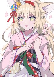 Rule 34 | 1girl, :d, animal ear fluff, animal ears, apron, arknights, blonde hair, branch, commentary request, flower, fox ears, fox girl, fox tail, frilled apron, frills, hairband, highres, holding, holding branch, long hair, long sleeves, looking at viewer, obi, open mouth, petals, pink flower, red hairband, sash, smile, solo, suzuran (arknights), suzuran (yukibare) (arknights), tail, tuggi, very long hair, waist apron, white apron, white flower, wide sleeves