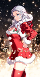 Rule 34 | 1girl, alternate costume, blue eyes, braid, breasts, breath, building, christmas, christmas lights, christmas tree, cleavage, commentary, cowboy shot, dress, english text, final fantasy, final fantasy xiv, from side, fur-trimmed dress, fur-trimmed hood, fur-trimmed sleeves, fur trim, grey hair, half updo, hand on own hip, highres, hood, hood down, large breasts, long hair, looking at viewer, medium hair, merry christmas, night, night sky, outdoors, red dress, red thighhighs, santa costume, santa dress, shrug (clothing), single braid, sky, smile, snowing, solo, standing, strapless, strapless dress, symbol-only commentary, thighhighs, venat (ff14), wavy hair, wild5lee, winter