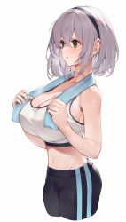 1girl alternate_costume breasts cleavage from_side green_eyes highres hololive large_breasts navel pants shirogane_noel short_hair silver_hair simple_background solo sports_bra sportswear sweat towel towel_around_neck virtual_youtuber watao