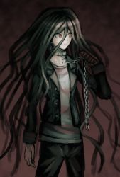 Rule 34 | 1boy, bad id, bad pixiv id, black hair, chain, collar, cosplay, danganronpa (series), danganronpa another episode: ultra despair girls, expressionless, eyes visible through hair, gloves, hair between eyes, holding, holding chain, jacket, kamukura izuru, komaeda nagito, komaeda nagito (cosplay), komatsuzaki rui (style), long hair, long sleeves, looking away, male focus, messy hair, official style, open clothes, open jacket, oven mitts, red background, red eyes, servant (danganronpa), shirt, single glove, solo, spoilers, standing, striped clothes, striped shirt, very long hair, wamigakiko