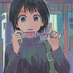 Rule 34 | 1girl, black sweater, brown eyes, brown hair, commentary, dropping, food, holding, holding food, long sleeves, muji (uimss), original, parted lips, ribbed sweater, short hair, shoulder strap, solo, sweater, turtleneck, turtleneck sweater, unwrapping, upper body