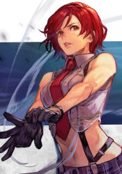 Rule 34 | 1girl, black gloves, glove pull, gloves, hungry clicker, lipstick, looking to the side, makeup, midriff, navel, necktie, parted lips, red eyes, red hair, red necktie, shirt, short hair, sleeveless, sleeveless shirt, snk, solo, suspenders, the king of fighters, toned, vanessa (kof), white shirt