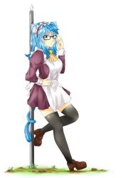 Rule 34 | 1girl, absurdres, adjusting eyewear, animal ear fluff, animal ears, apron, ascot, bell, black-framed eyewear, blue eyes, blue hair, blush, cat ears, cat girl, cat tail, farmuhan, frills, full body, glasses, grass, hand on own hip, highres, jingle bell, loafers, maid, maid apron, maid headdress, matching hair/eyes, original, plant, self-upload, shoes, simple background, solo, stone, tail, thighhighs, white background, zettai ryouiki