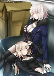 Rule 34 | 2girls, ahoge, artoria pendragon (fate), asakura kukuri, avenger class (fate), black dress, black legwear, blush, breasts, cleavage, clenched teeth, collarbone, couch, cross, cross necklace, dress, fate/grand order, fate (series), from side, fur trim, grabbing own breast, hair ribbon, highres, jacket, jeanne d&#039;arc (fate), jeanne d&#039;arc alter (fate), jeanne d&#039;arc alter (ver. shinjuku 1999) (fate), jewelry, lap pillow, large breasts, looking at viewer, looking to the side, low ponytail, medium breasts, multiple girls, navel, necklace, official alternate costume, open clothes, open jacket, platinum blonde hair, ribbon, saber alter (ver. shinjuku 1999) (fate), saber class (fate), short dress, silver hair, sitting, smile, strapless, teeth, thighhighs, tube top, yellow eyes