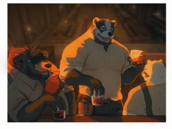 Rule 34 | 4boys, alcohol, animal ears, arm on another&#039;s shoulder, badger boy, badger ears, bara, bear boy, bear ears, black headwear, closed eyes, commentary, cup, dimitri popov (the smoke room), echo project, english commentary, fangs, furry, furry male, furry with furry, highres, holding, holding cup, looking at another, looking at viewer, male focus, multiple boys, nikolai krol (the smoke room), nullshark, open mouth, overalls, paul frackson (the smoke room), samuel ayers (the smoke room), sitting, smile, standing, the smoke room
