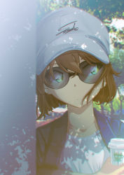 Rule 34 | 1girl, blue jacket, brown hair, closed mouth, coffee cup, collarbone, commentary request, cup, dappled sunlight, disposable cup, haibara ai, hair between eyes, hat, highres, holding, holding cup, jacket, meitantei conan, open clothes, open jacket, outdoors, shirt, short hair, sideways glance, signature, solo, sooma4869, sunglasses, sunlight, tinted eyewear, tree, tree shade, upper body, white hat, white shirt