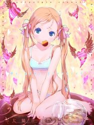 Rule 34 | 1girl, barefoot, blonde hair, blue eyes, bow, bra, breasts, brown hair, chocolate, copyright name, feet, food, fruit, hair bow, heart, jar, long hair, looking at viewer, mouth hold, orange (fruit), orange slice, panties, red bow, sitting, small breasts, solo, taiyou no orgel, tinkle bell, toes, twintails, underwear, underwear only, wariza