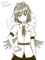 Rule 34 | 1girl, :/, belt, blush, dated, feathered wings, female focus, hand on own hip, hat, kawashina (momen silicon), looking at viewer, monochrome, neck ribbon, pen, pointy ears, pom pom (clothes), ribbon, shameimaru aya, shirt, short hair, simple background, sketch, solo, tokin hat, touhou, translation request, white background, wings