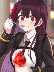 Rule 34 | 1girl, blazer, blush, closed mouth, collared shirt, commentary request, eating, food, girls&#039; frontline, hair ribbon, half updo, ice cream, jacket, koenza botoke, long hair, long sleeves, looking at viewer, necktie, purple hair, red eyes, red necktie, red ribbon, ribbon, shirt, smile, solo, spoon, surprised, upper body, wa2000 (girls&#039; frontline), white shirt