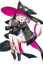 Rule 34 | 1girl, absurdres, animal hat, black cape, black hat, black robe, blush, broom, broom riding, cape, cat hat, grey hair, hat, highres, hugging doll, hugging object, legendary sword, lo-ta, long sleeves, low twintails, open mouth, robe, rose (legendary sword), smile, solo, stitched mouth, stitches, stuffed animal, stuffed cat, stuffed toy, torn clothes, torn hat, twintails, white background, witch, witch hat