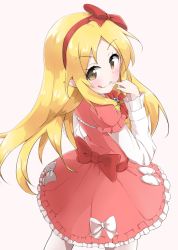 Rule 34 | 10s, 1girl, :q, bad id, bad pixiv id, blonde hair, blush, bow, brown eyes, drill hair, eromanga sensei, finger to mouth, hair bow, hairband, highres, lolita fashion, long hair, looking at viewer, looking back, pointy ears, racchi., smile, solo, tongue, tongue out, twin drills, white bow, white legwear, yamada elf