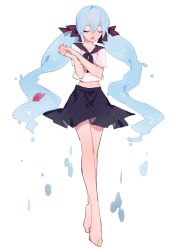 Rule 34 | 1girl, barefoot, blue hair, bottle miku, closed eyes, fish, full body, hair ribbon, hatsune miku, liquid hair, long hair, midriff, open mouth, own hands clasped, own hands together, ribbon, school uniform, serafuku, simple background, skirt, solo, twintails, unagi (515816703), very long hair, vocaloid, water, white background