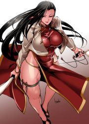 Rule 34 | 1girl, black hair, black lagoon, bowalia, breasts, brown eyes, china dress, chinese clothes, covered navel, dao (weapon), dress, gradient background, knife, kukri, kunai, large breasts, legs, lips, lipstick, long hair, makeup, nail polish, raised eyebrow, red background, sheng biao (weapon), shenhua, signature, solo, sword, thick thighs, thighs, very long hair, weapon, white background