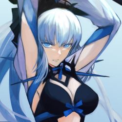 Rule 34 | 1girl, armpits, arms up, blue bow, blue eyes, bow, breasts, cleavage, fate/grand order, fate (series), long hair, looking at viewer, moedredd, morgan le fay (fate), serious, solo
