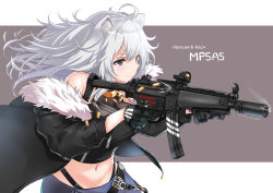 Rule 34 | 1girl, animal ears, bare shoulders, black gloves, blush, breasts, cleavage, fatkewell, fur trim, gloves, grey eyes, gun, h&amp;k mp5, holding, holding gun, holding weapon, hololive, jacket, jewelry, lion ears, long hair, midriff, navel, necklace, see-through, see-through cleavage, shishiro botan, shishiro botan (1st costume), silver hair, skirt, smile, solo, submachine gun, virtual youtuber, weapon