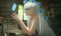 Rule 34 | 1girl, blue eyes, blue flower, blurry, blurry background, bug, butterfly, chair, chocoshi, closed mouth, commentary request, dress, fantasy, flower, hair flower, hair ornament, highres, indoors, insect, jar, light particles, long hair, moss, original, pointy ears, scenery, shelf, sitting, sleeveless, sleeveless dress, solo, steepled fingers, sunlight, table, upper body, white dress, white hair, window