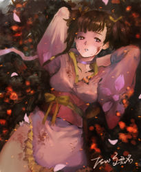 Rule 34 | 10s, 1girl, blood, blood on face, brown eyes, brown hair, hair ribbon, highres, japanese clothes, kimono, koutetsujou no kabaneri, looking at viewer, lying, mumei (kabaneri), no panties, on back, parted lips, petals, ribbon, short hair, short kimono, short twintails, solo, tsuiru, twintails