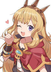 Rule 34 | 1girl, ;d, absurdres, blonde hair, cagliostro (granblue fantasy), cape, collarbone, gazacy (dai), granblue fantasy, heart, highres, long hair, one eye closed, open mouth, purple eyes, red cape, simple background, smile, solo, teeth, tiara, upper body, upper teeth only, white background