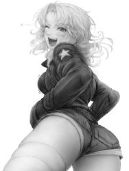 Rule 34 | 10s, 1girl, ass, blush, bomber jacket, breasts, commentary request, curly hair, from behind, girls und panzer, greyscale, hands in pockets, imizu (nitro unknown), jacket, kay (girls und panzer), laughing, looking at viewer, looking back, medium breasts, monochrome, nose, one eye closed, open mouth, parted bangs, shorts, smile, solo, star (symbol), thighhighs