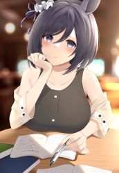 Rule 34 | 1girl, :t, absurdres, animal ears, bare shoulders, black hair, black shirt, blue eyes, blurry, blurry background, blush, breast rest, breasts, casual, eishin flash (umamusume), elbow rest, hair ribbon, head rest, highres, holding, holding pen, horse ears, horse girl, indoors, large breasts, looking at viewer, notebook, off shoulder, pen, pout, pov across table, raised eyebrows, ribbon, scrunchie, shirt, short hair, sleeveless, sleeveless shirt, solo, umamusume, upper body, yellow shirt, zeatto